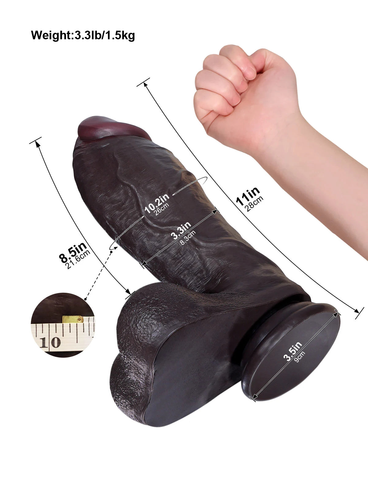 Austin - Dildo realistico spesso nero corpo progressivo venato - 28 cm