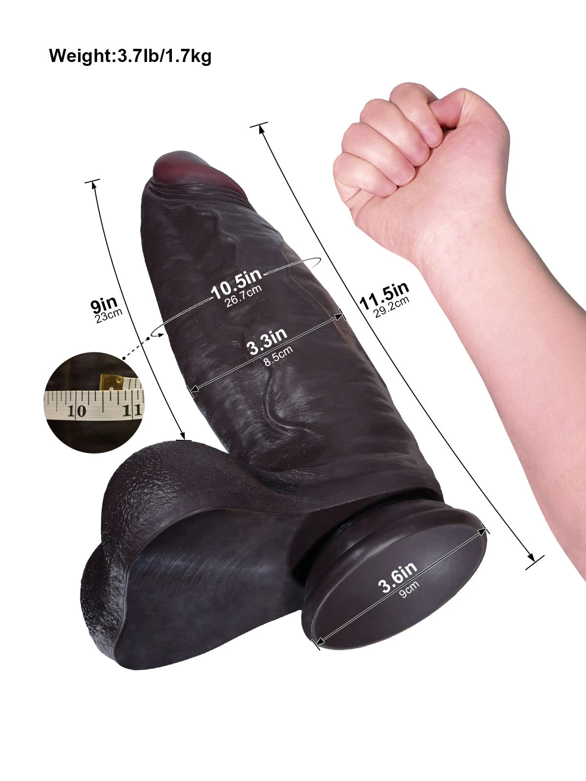 Hugo - Dildo realistico spesso nero corpo generoso con glande affusolato - 29,2 cm
